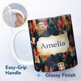 Personalized Custom Name Dark Woodland Cute Animals Gold Leaf Pattern Cute Unique Gift Lovely 11oz Ceramic Coffee Tea Mug White Large Handle