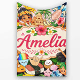 Cute Hawaiian Kids Beige Background Tiki Beach Summer Cartoon  Personalised Custom Name Super Soft Fleece Blanket Bed Sofa Throw