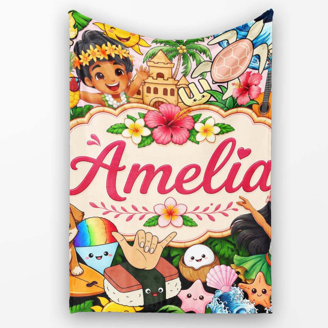 Cute Hawaiian Kids Beige Background Tiki Beach Summer Cartoon  Personalised Custom Name Super Soft Fleece Blanket Bed Sofa Throw