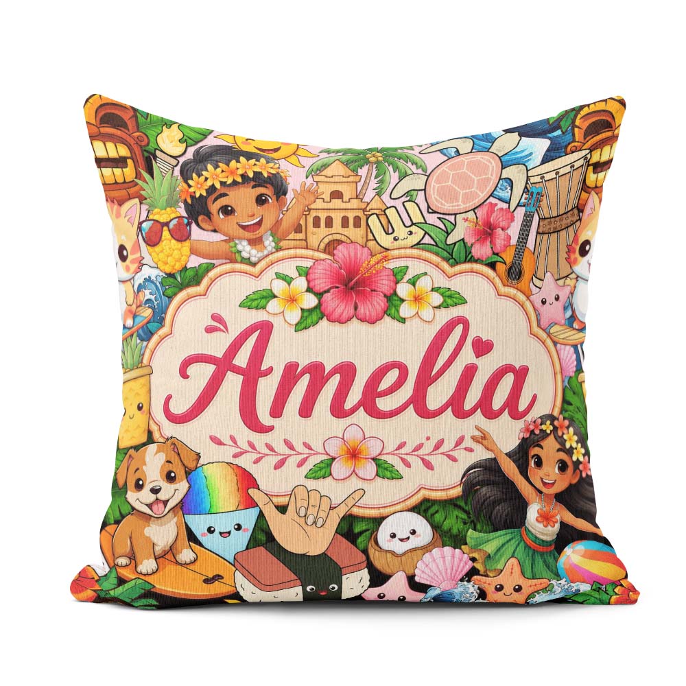 Custom Name Cute Kids Beige Background Tiki Beach Summer Cartoon Square Filled Cushion Throw Pillow Sofa Bed Home Decor Zip Washable UK Made
