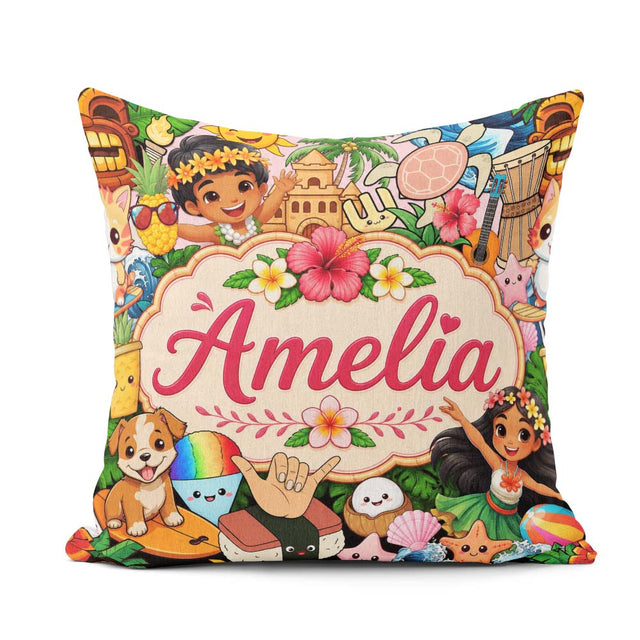 Custom Name Cute Kids Beige Background Tiki Beach Summer Cartoon Square Filled Cushion Throw Pillow Sofa Bed Home Decor Zip Washable UK Made