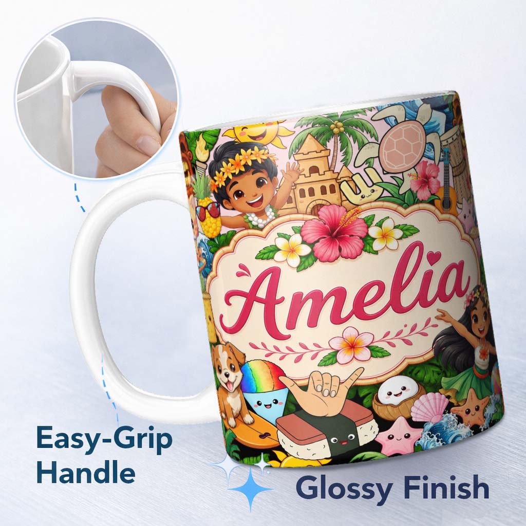 Personalized Custom Name Cute Hawaiian Kids Beige Background Tiki Beach Summer Cartoon 11oz Ceramic Coffee Tea Mug White Large Handle