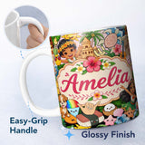 Personalized Custom Name Cute Hawaiian Kids Beige Background Tiki Beach Summer Cartoon 11oz Ceramic Coffee Tea Mug White Large Handle