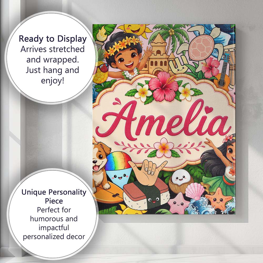 Personalised Name Cute Hawaiian Kids Beige Custom  Unique Gift Idea Elegant Feature Canvas Wall Art Print Decor Picture Ready to Hang