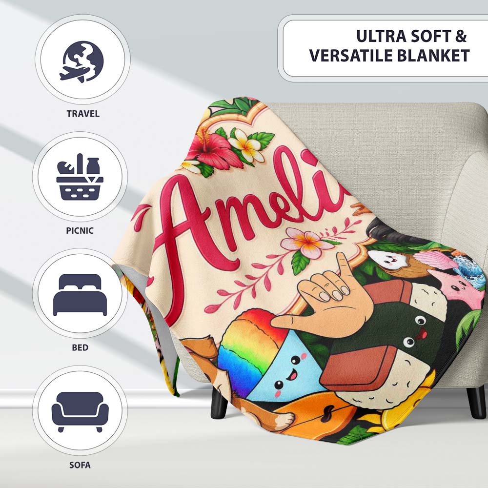 Cute Hawaiian Kids Beige Background Tiki Beach Summer Cartoon  Personalised Custom Name Super Soft Fleece Blanket Bed Sofa Throw