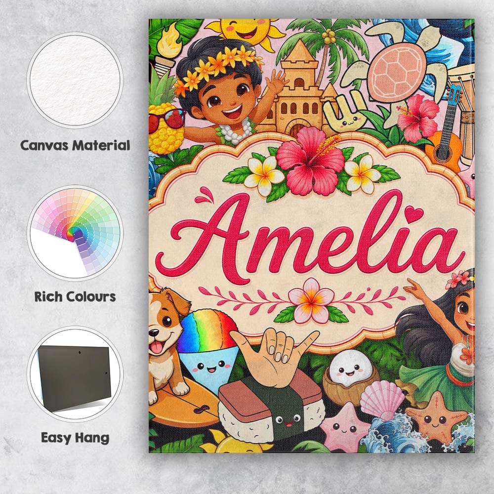 Personalised Name Cute Hawaiian Kids Beige Custom  Unique Gift Idea Elegant Feature Canvas Wall Art Print Decor Picture Ready to Hang