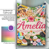 Cute Hawaiian Kids Beige Background Tiki Beach Summer Cartoon  Personalised Custom Name Super Soft Fleece Blanket Bed Sofa Throw