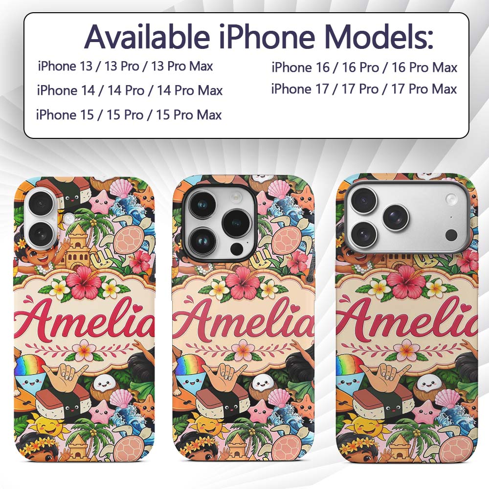 Cute Hawaiian Kids Beige Background Tiki Beach Custom Name Protective Phone Case Mobile Cover Durable Everyday Smartphone Shock Resistant
