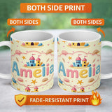 Personalized Custom Name Cute Sandcastles Seashells and Starfish Beach Theme Seamless Pattern 11oz Ceramic Coffee Tea Mug White Large Handle