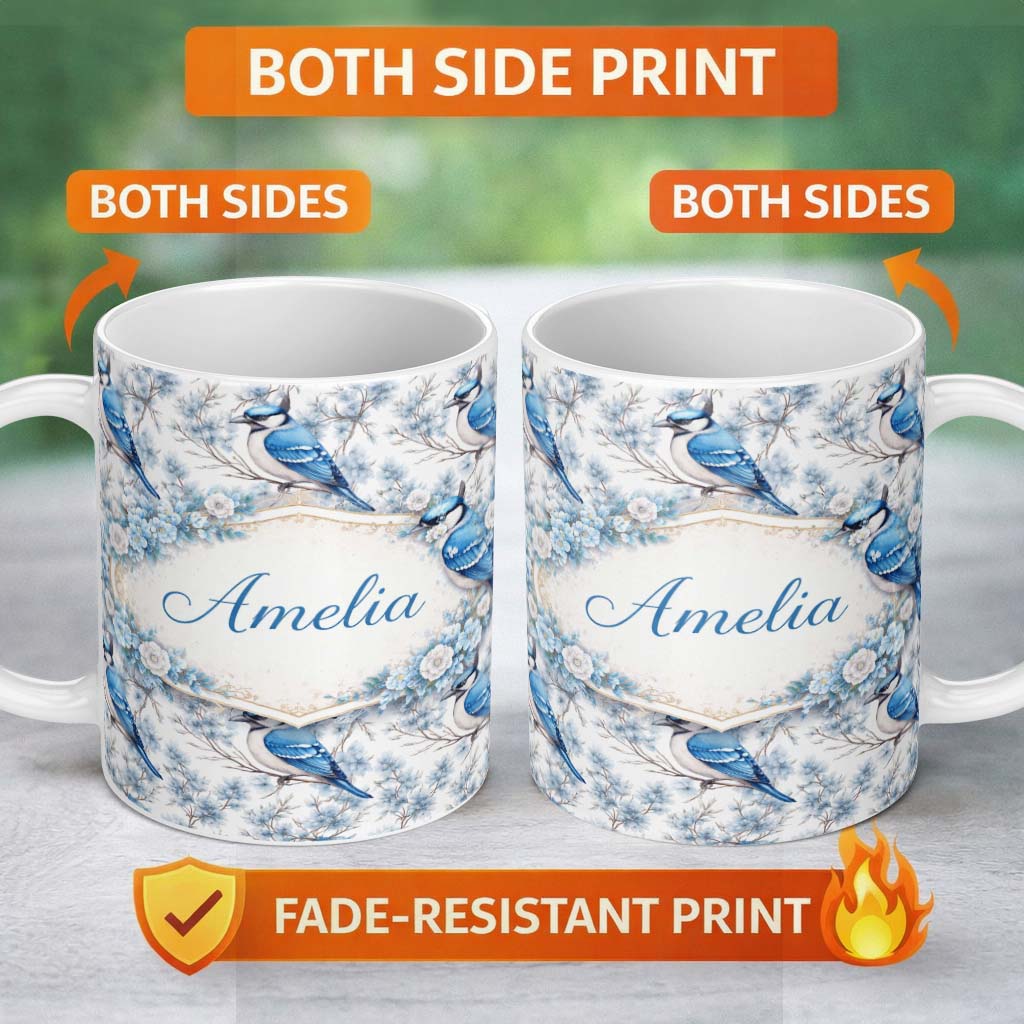 Personalized Custom Name Blue Jay Bird Floral Blossom Seamless Pattern Elegant Nature Lovely 11oz Ceramic Coffee Tea Mug White Large Handle