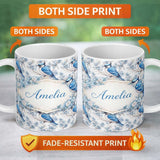 Personalized Custom Name Blue Jay Bird Floral Blossom Seamless Pattern Elegant Nature Lovely 11oz Ceramic Coffee Tea Mug White Large Handle