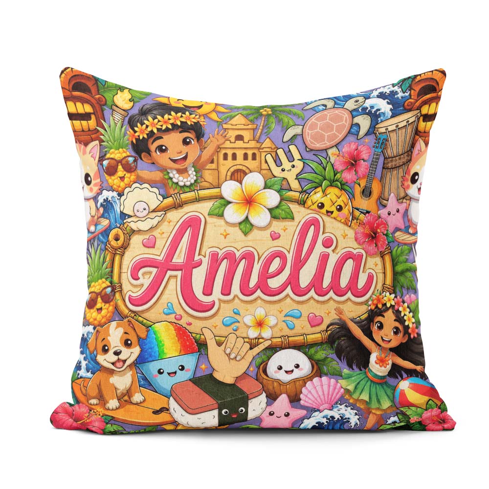 Custom Name Cute Hawaiian Kids Purple Tiki Beach Summer Cartoon Square Filled Cushion Throw Pillow Sofa Bed Home Decor Zip Washable UK Made