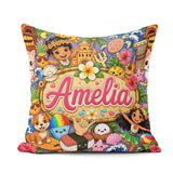 Custom Name Cute Hawaiian Kids Purple Tiki Beach Summer Cartoon Square Filled Cushion Throw Pillow Sofa Bed Home Decor Zip Washable UK Made