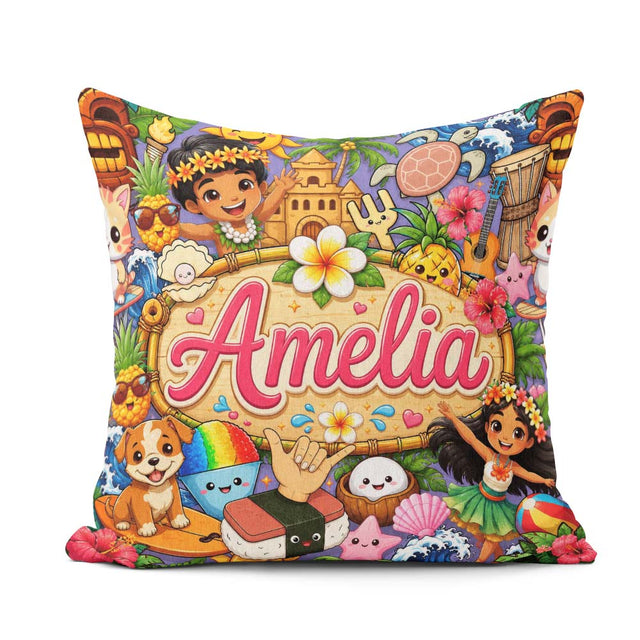 Custom Name Cute Hawaiian Kids Purple Tiki Beach Summer Cartoon Square Filled Cushion Throw Pillow Sofa Bed Home Decor Zip Washable UK Made