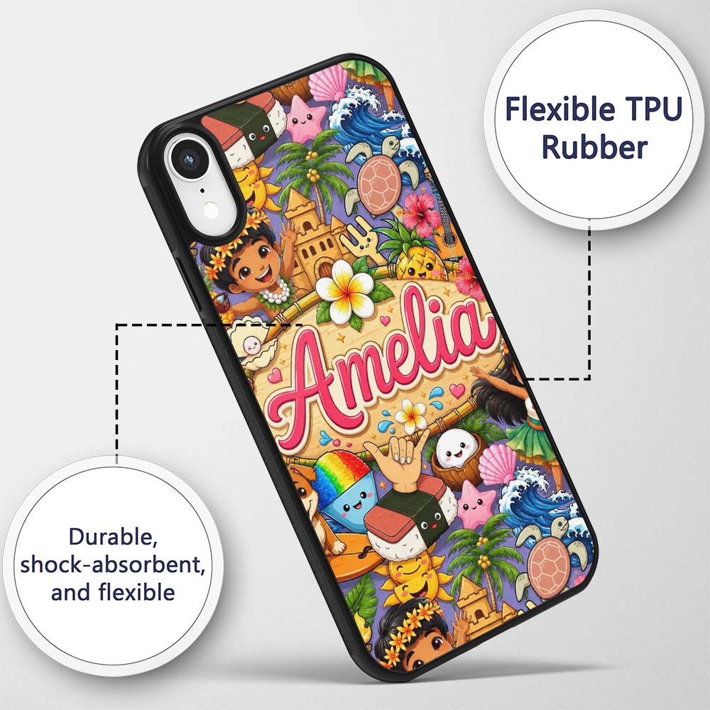 Cute Hawaiian Kids Purple Background Tiki Beach Custom Name Protective Phone Case Mobile Cover Durable Everyday Smartphone Shock Resistant