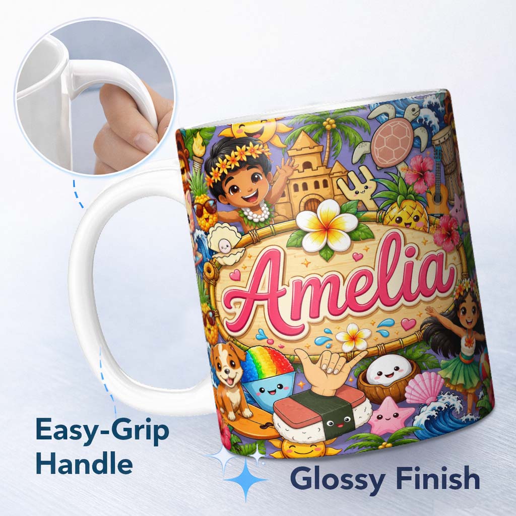 Personalized Custom Name Cute Hawaiian Kids Purple Background Tiki Beach Summer Cartoon 11oz Ceramic Coffee Tea Mug White Large Handle