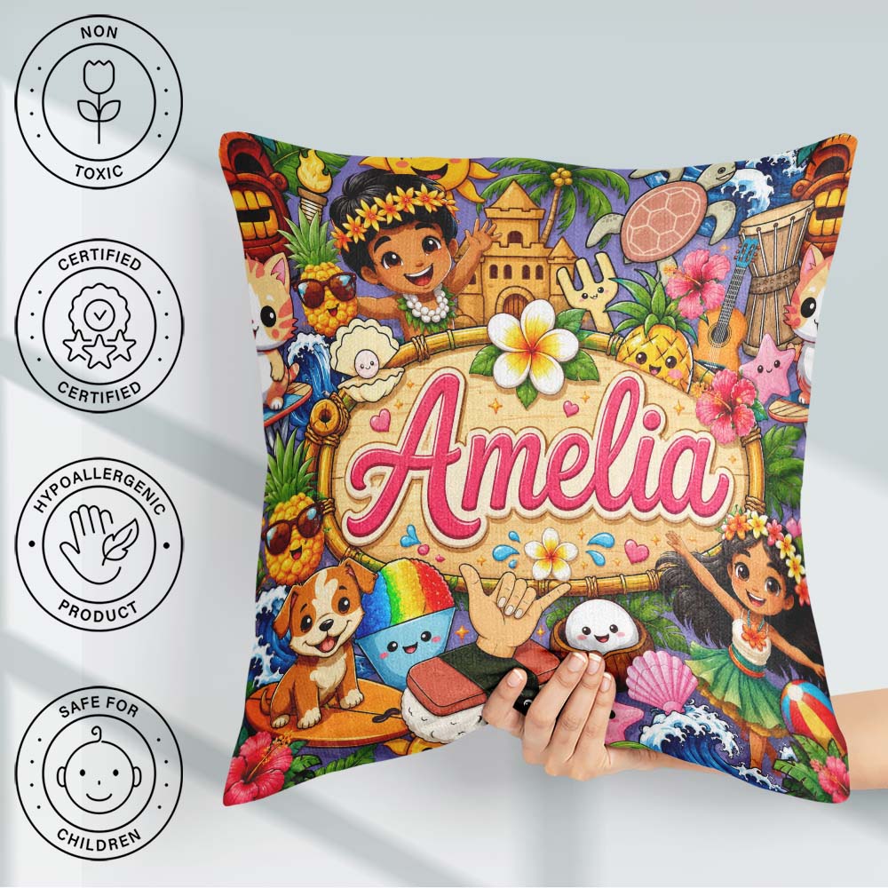 Custom Name Cute Hawaiian Kids Purple Tiki Beach Summer Cartoon Square Filled Cushion Throw Pillow Sofa Bed Home Decor Zip Washable UK Made
