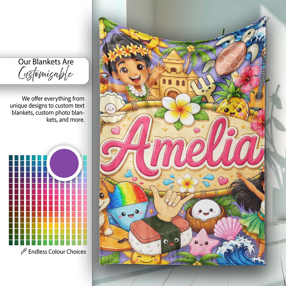 Cute Hawaiian Kids Purple Background Tiki Beach Summer Cartoon  Personalised Custom Name Super Soft Fleece Blanket Bed Sofa Throw