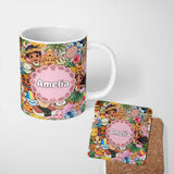 Personalized Custom Name Cute Hawaiian Kids Pink Background Tiki Beach Summer Cartoon 11oz Ceramic Coffee Tea Mug White Large Handle