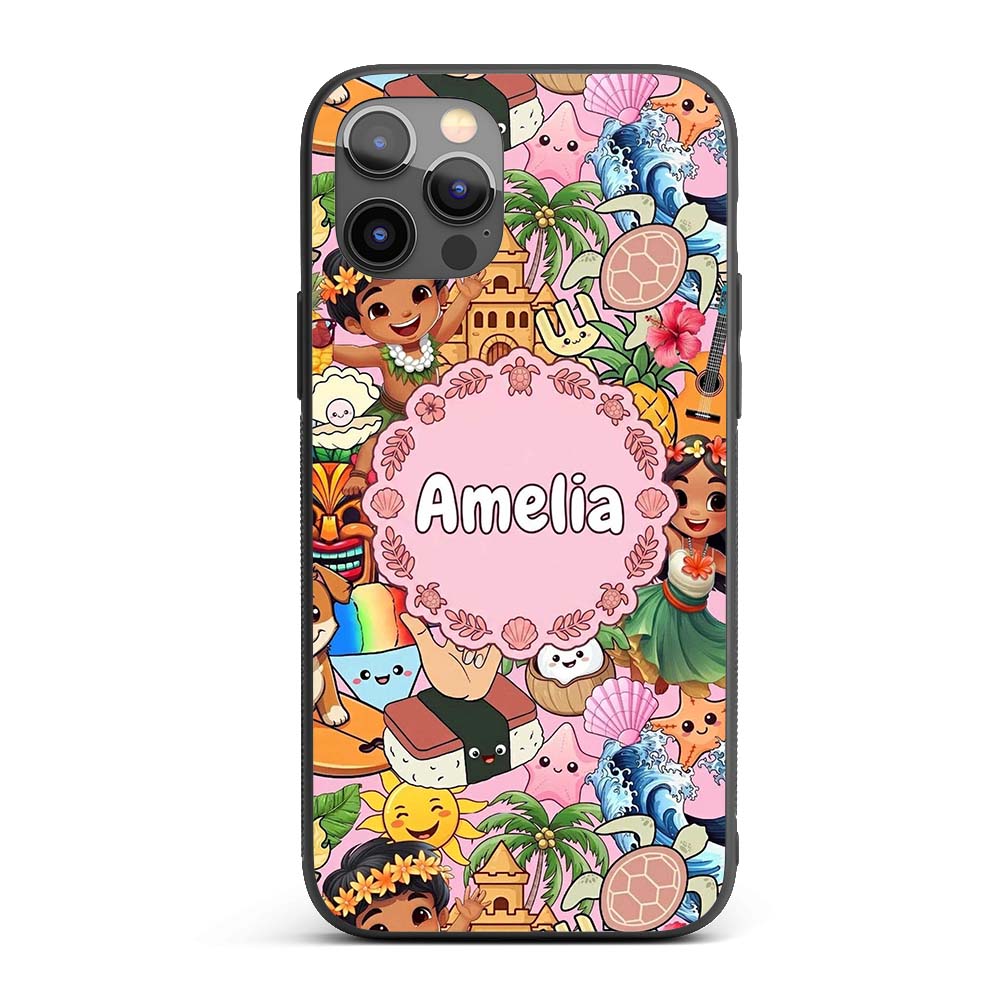 Cute Hawaiian Kids Pink Background Tiki Beach Custom Name Protective Phone Case Mobile Cover Durable Everyday Smartphone Shock Resistant