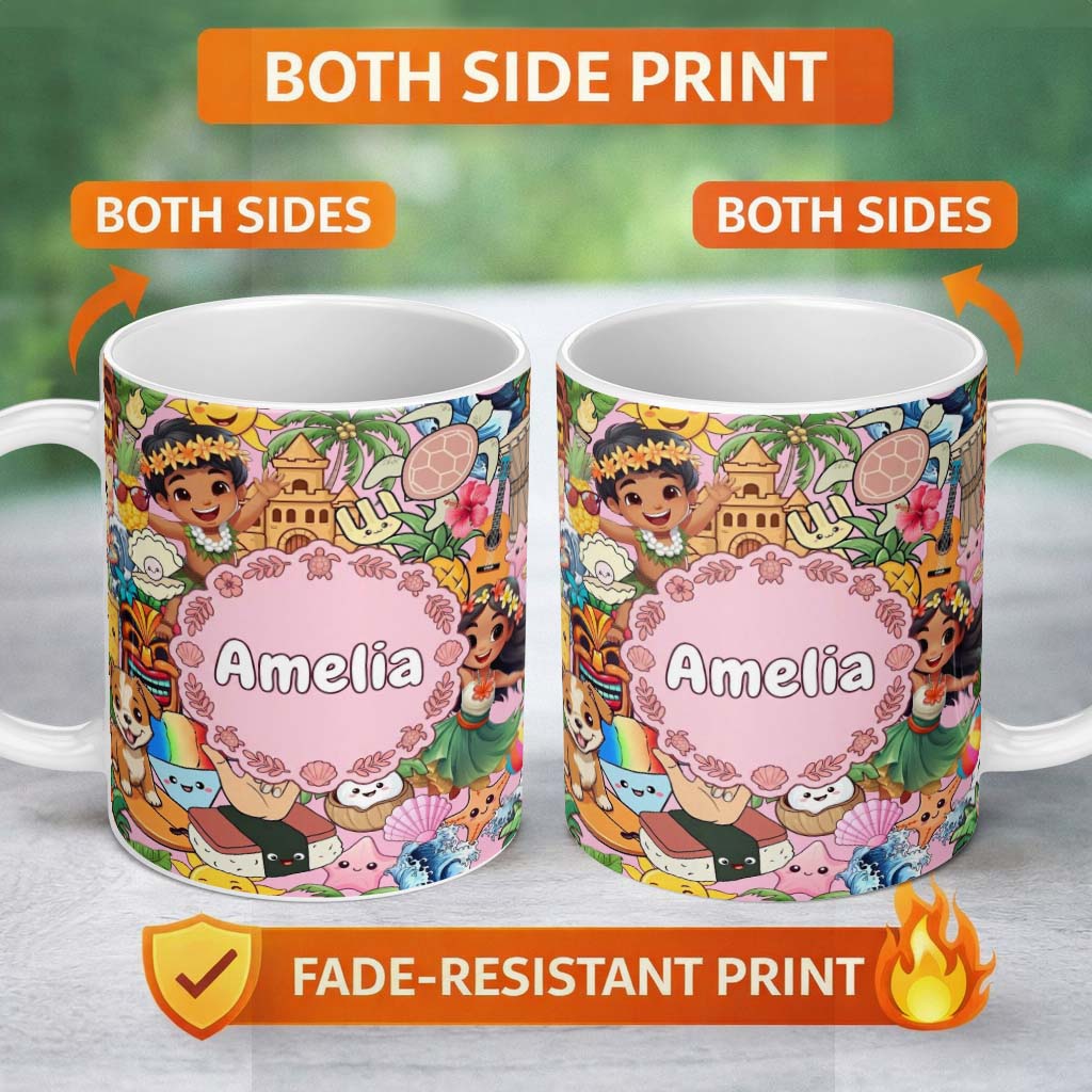 Personalized Custom Name Cute Hawaiian Kids Pink Background Tiki Beach Summer Cartoon 11oz Ceramic Coffee Tea Mug White Large Handle