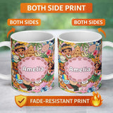 Personalized Custom Name Cute Hawaiian Kids Pink Background Tiki Beach Summer Cartoon 11oz Ceramic Coffee Tea Mug White Large Handle