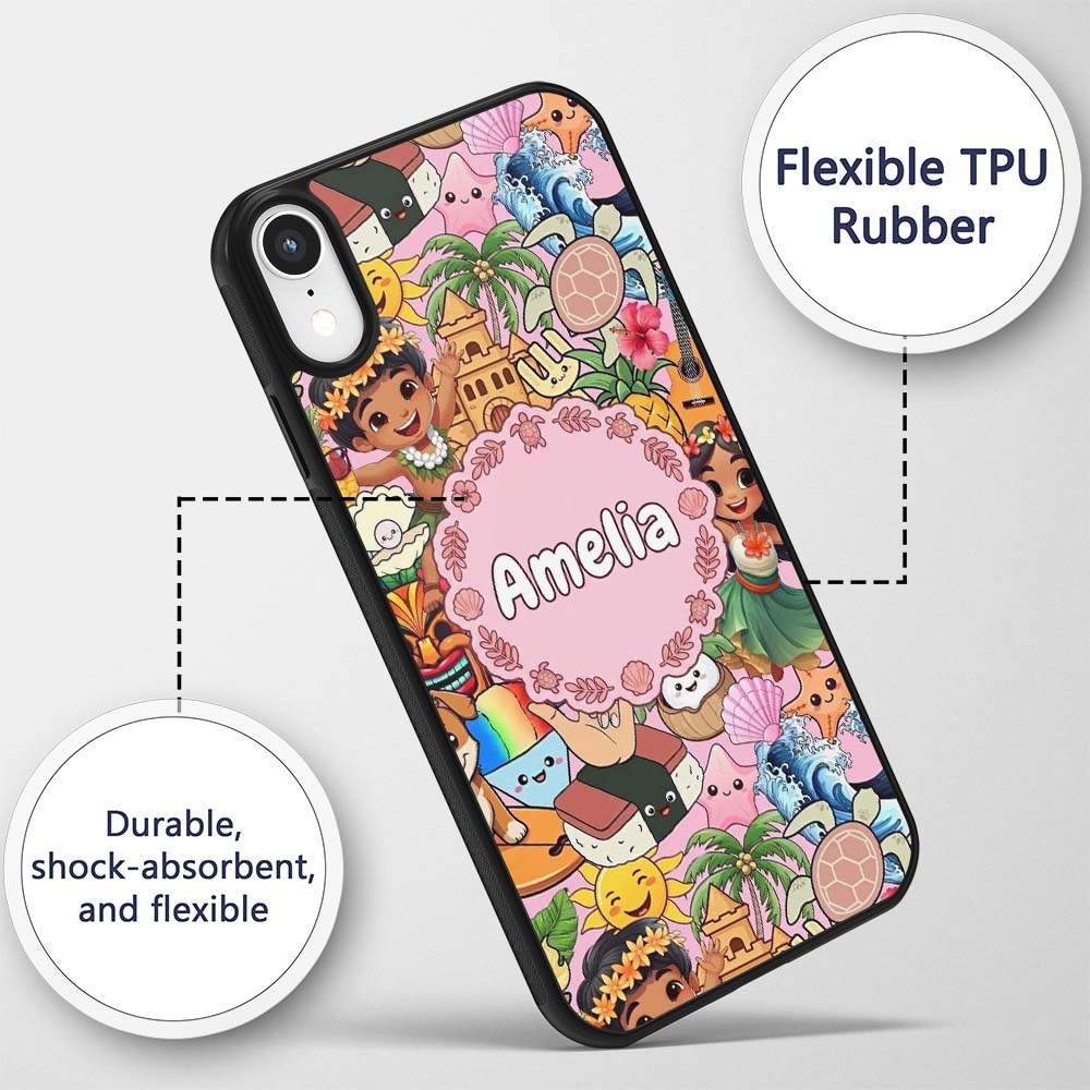 Cute Hawaiian Kids Pink Background Tiki Beach Custom Name Protective Phone Case Mobile Cover Durable Everyday Smartphone Shock Resistant