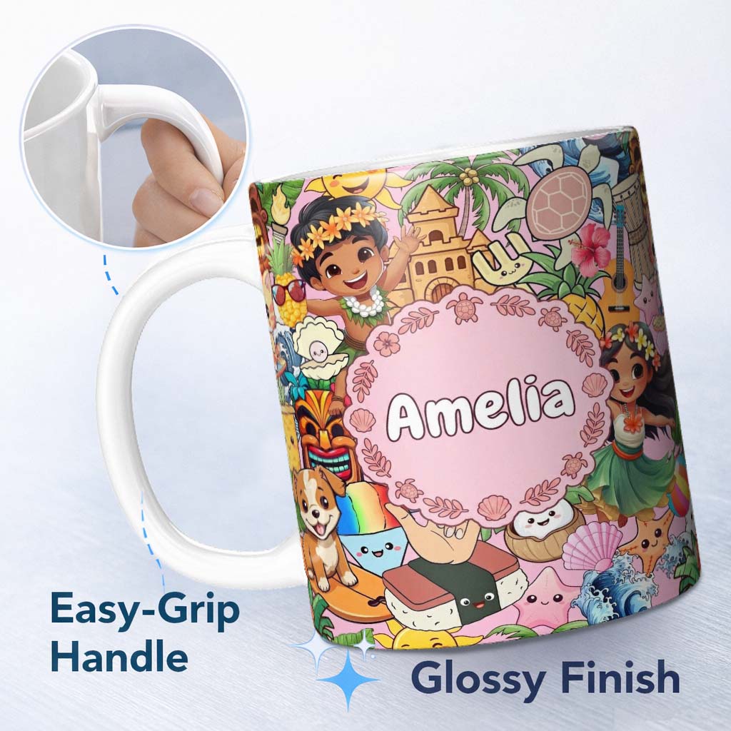 Personalized Custom Name Cute Hawaiian Kids Pink Background Tiki Beach Summer Cartoon 11oz Ceramic Coffee Tea Mug White Large Handle