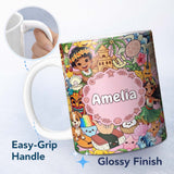 Personalized Custom Name Cute Hawaiian Kids Pink Background Tiki Beach Summer Cartoon 11oz Ceramic Coffee Tea Mug White Large Handle