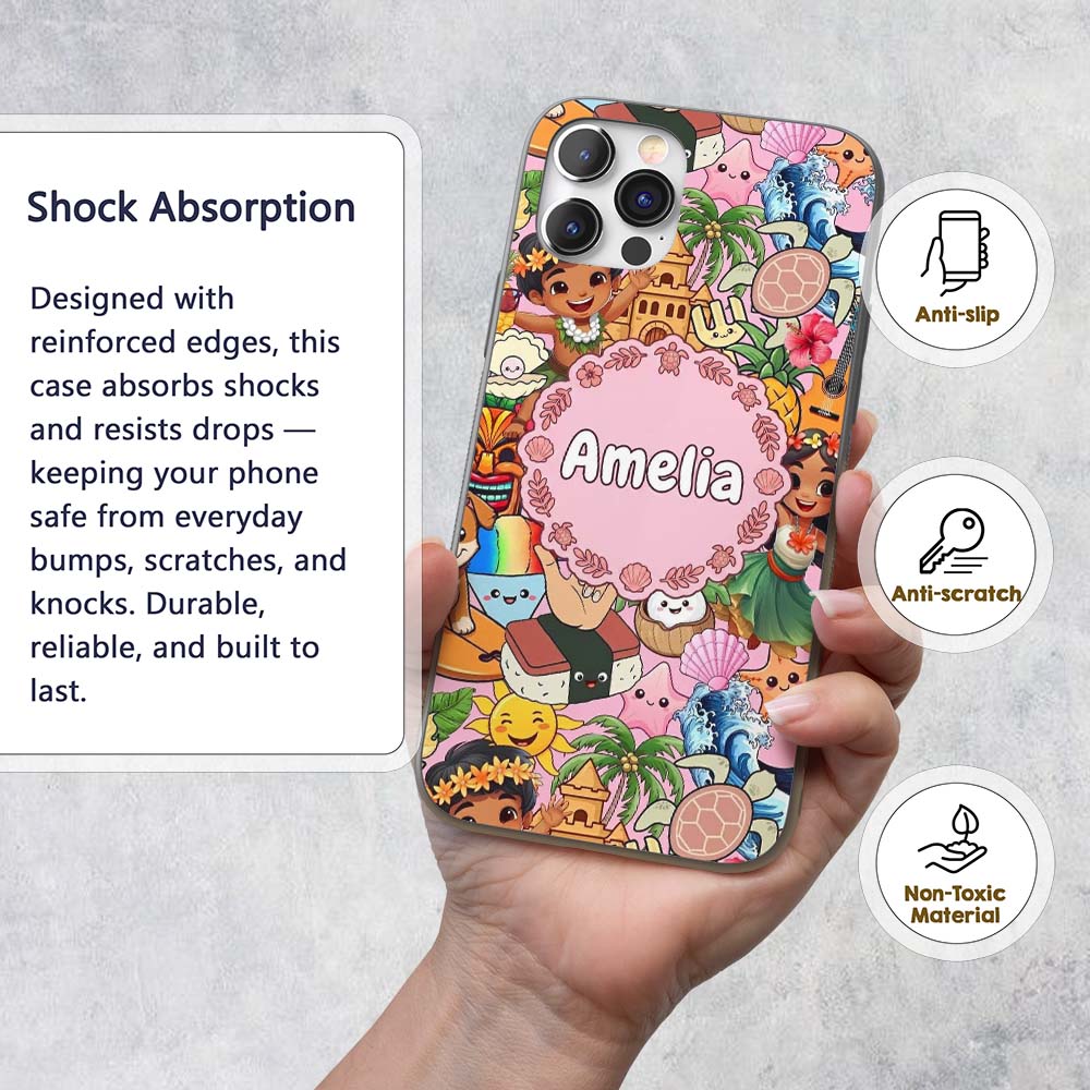 Cute Hawaiian Kids Pink Background Tiki Beach Custom Name Protective Phone Case Mobile Cover Durable Everyday Smartphone Shock Resistant