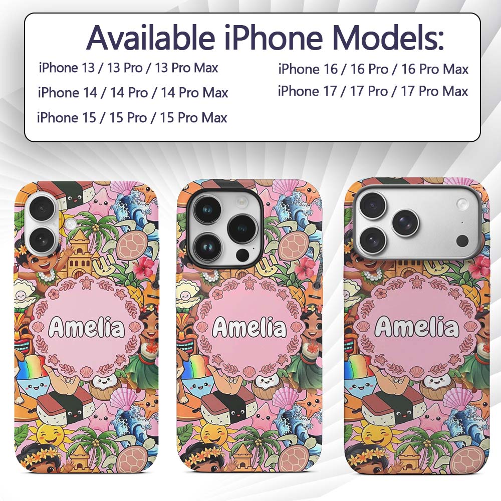 Cute Hawaiian Kids Pink Background Tiki Beach Custom Name Protective Phone Case Mobile Cover Durable Everyday Smartphone Shock Resistant