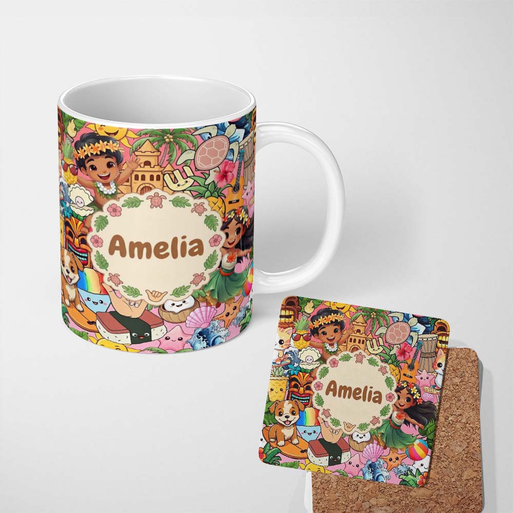 Personalized Custom Name Cute Hawaiian Kids Red Background Tiki Beach Summer Cartoon 11oz Ceramic Coffee Tea Mug White Large Handle