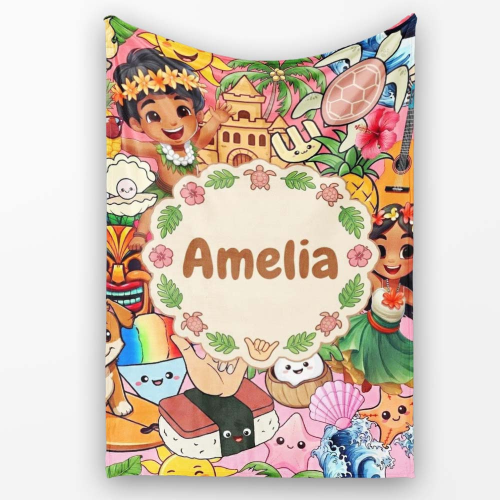 Cute Hawaiian Kids Red Background Tiki Beach Summer Cartoon  Personalised Custom Name Super Soft Fleece Blanket Bed Sofa Throw