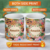 Personalized Custom Name Cute Hawaiian Kids Red Background Tiki Beach Summer Cartoon 11oz Ceramic Coffee Tea Mug White Large Handle