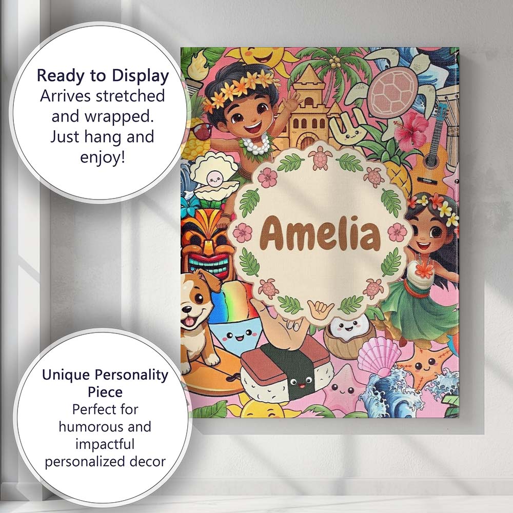 Personalised Name Cute Hawaiian Kids Red Custom  Unique Gift Idea Elegant Feature Canvas Wall Art Print Decor Picture Ready to Hang