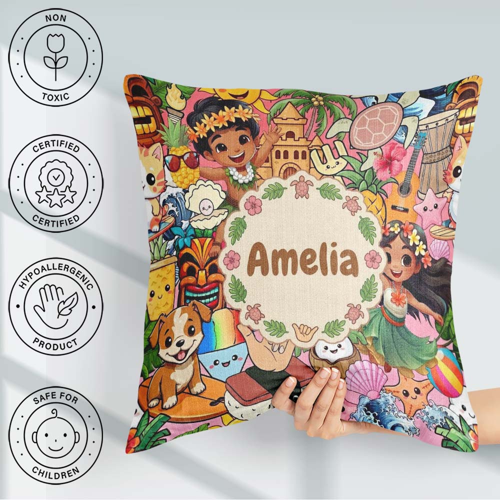 Custom Name Cute Hawaiian Kids Red Background Tiki Beach Cartoon Square Filled Cushion Throw Pillow Sofa Bed Home Decor Zip Washable UK Made