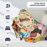 Cute Hawaiian Kids Red Background Tiki Beach Summer Cartoon  Personalised Custom Name Super Soft Fleece Blanket Bed Sofa Throw