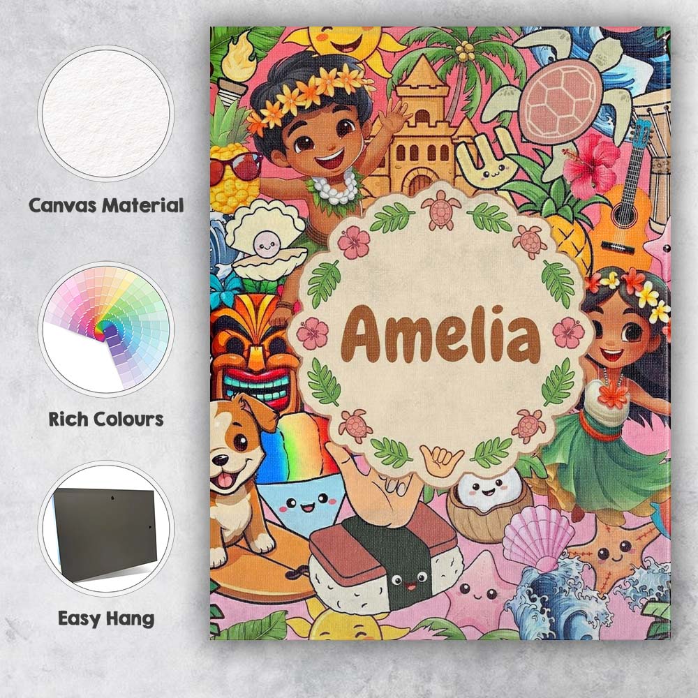 Personalised Name Cute Hawaiian Kids Red Custom  Unique Gift Idea Elegant Feature Canvas Wall Art Print Decor Picture Ready to Hang