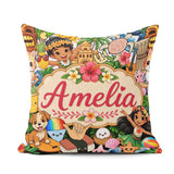 Custom Name Cute Kids White Background Tiki Beach Summer Cartoon Square Filled Cushion Throw Pillow Sofa Bed Home Decor Zip Washable UK Made