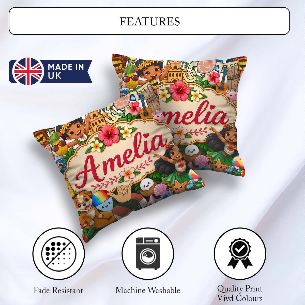 Custom Name Cute Kids White Background Tiki Beach Summer Cartoon Square Filled Cushion Throw Pillow Sofa Bed Home Decor Zip Washable UK Made