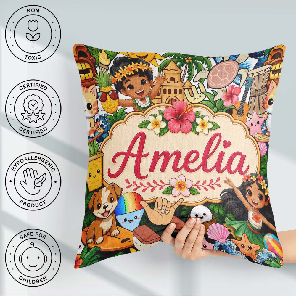 Custom Name Cute Kids White Background Tiki Beach Summer Cartoon Square Filled Cushion Throw Pillow Sofa Bed Home Decor Zip Washable UK Made
