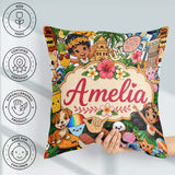 Custom Name Cute Kids White Background Tiki Beach Summer Cartoon Square Filled Cushion Throw Pillow Sofa Bed Home Decor Zip Washable UK Made