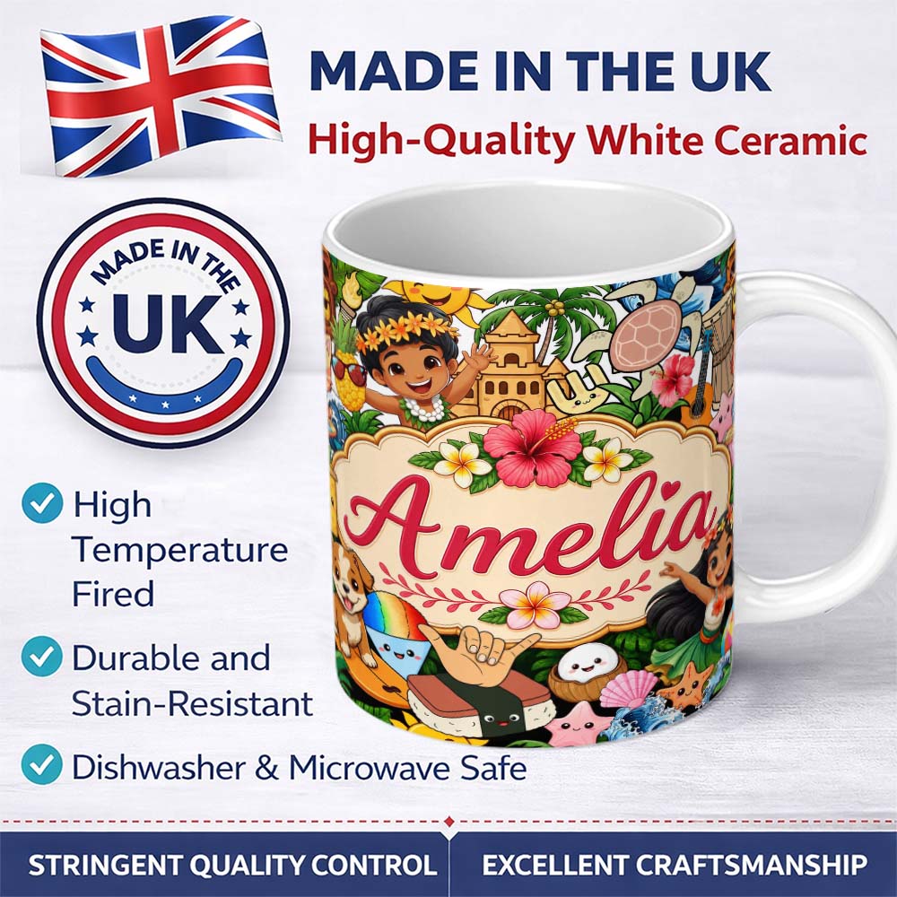 Personalized Custom Name Cute Hawaiian Kids White Background Tiki Beach Summer Cartoon 11oz Ceramic Coffee Tea Mug White Large Handle