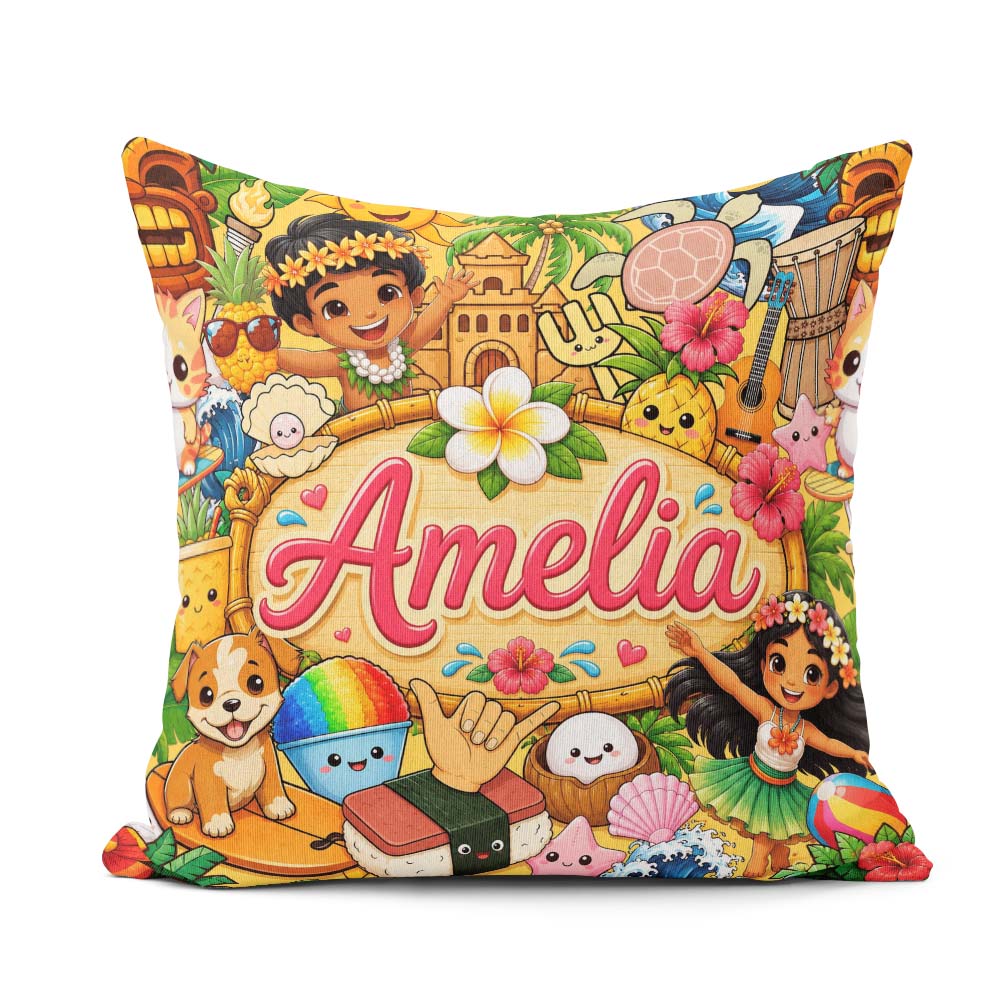 Custom Name Cute Hawaiian Kids Yellow Tiki Beach Summer Cartoon Square Filled Cushion Throw Pillow Sofa Bed Home Decor Zip Washable UK Made