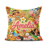 Custom Name Cute Hawaiian Kids Yellow Tiki Beach Summer Cartoon Square Filled Cushion Throw Pillow Sofa Bed Home Decor Zip Washable UK Made