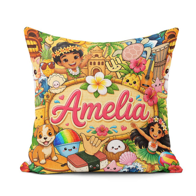 Custom Name Cute Hawaiian Kids Yellow Tiki Beach Summer Cartoon Square Filled Cushion Throw Pillow Sofa Bed Home Decor Zip Washable UK Made