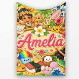 Cute Hawaiian Kids Yellow Background Tiki Beach Summer Cartoon  Personalised Custom Name Super Soft Fleece Blanket Bed Sofa Throw