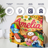 Cute Hawaiian Kids Yellow Background Tiki Beach Summer Cartoon  Personalised Custom Name Super Soft Fleece Blanket Bed Sofa Throw