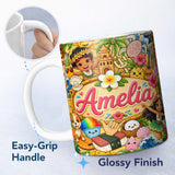 Personalized Custom Name Cute Hawaiian Kids Yellow Background Tiki Beach Summer Cartoon 11oz Ceramic Coffee Tea Mug White Large Handle