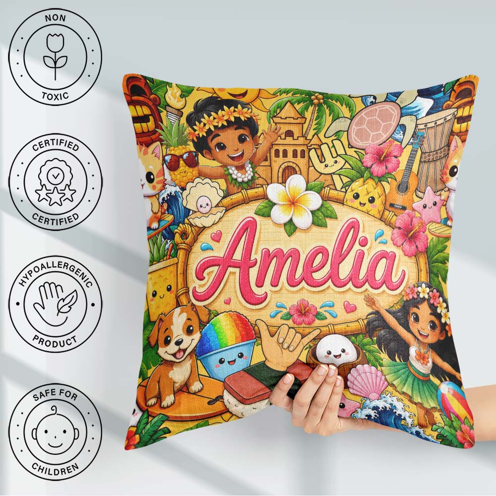 Custom Name Cute Hawaiian Kids Yellow Tiki Beach Summer Cartoon Square Filled Cushion Throw Pillow Sofa Bed Home Decor Zip Washable UK Made